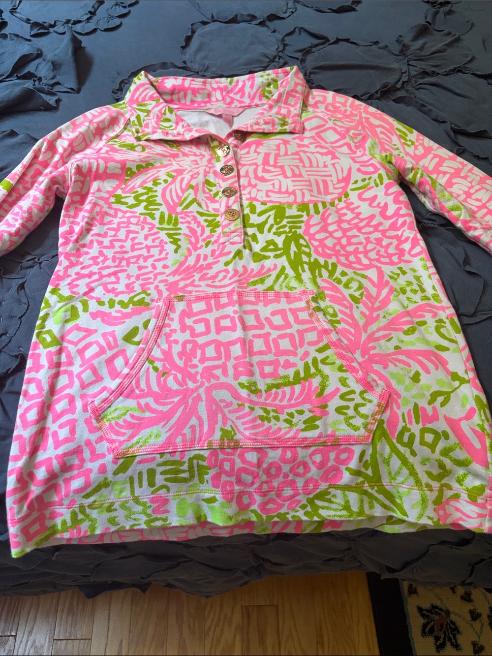 Lilly Pulitzer Pink & Green Printed Polo Pullover Hoodie